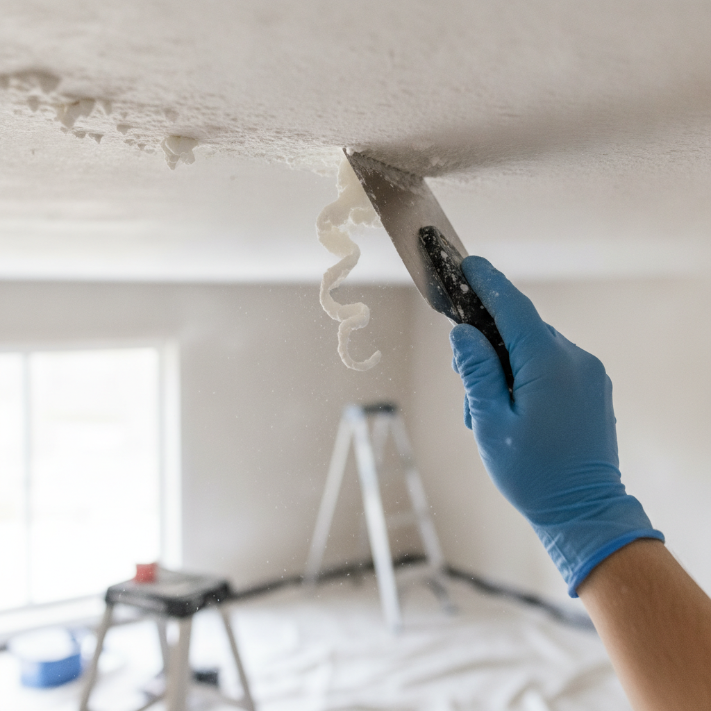 a technician doing Popcorn Texture Removal, show the hand doing Popcorn Texture Removal only